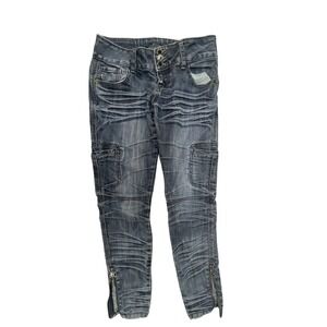 Almost Famous Womens Skinny Cargo Jeans Blue Whiskered Ankle Zip Size 7